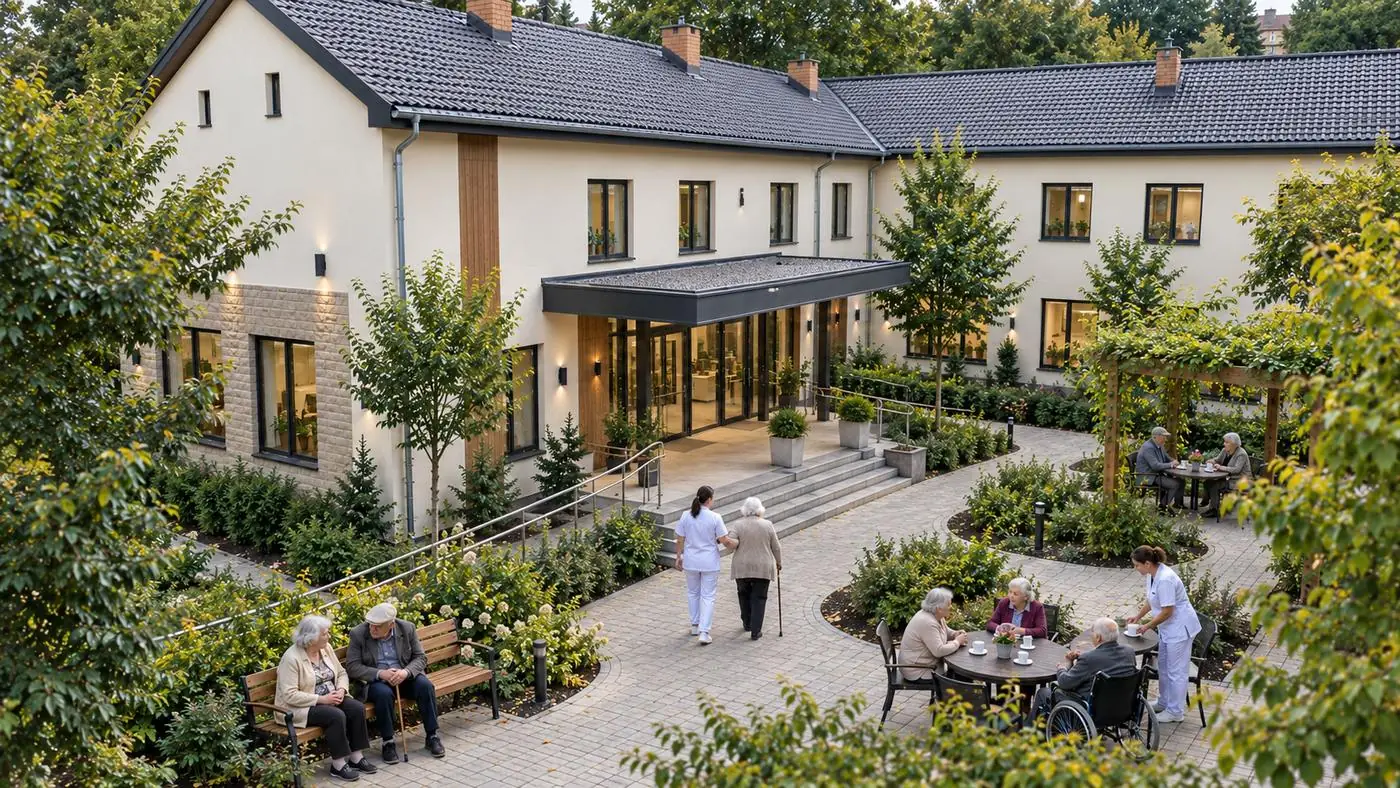 Illusztráció: a felújított, kétszintes épület parkosított udvarral; idősek padon és asztaloknál, gondozók kísérik őket